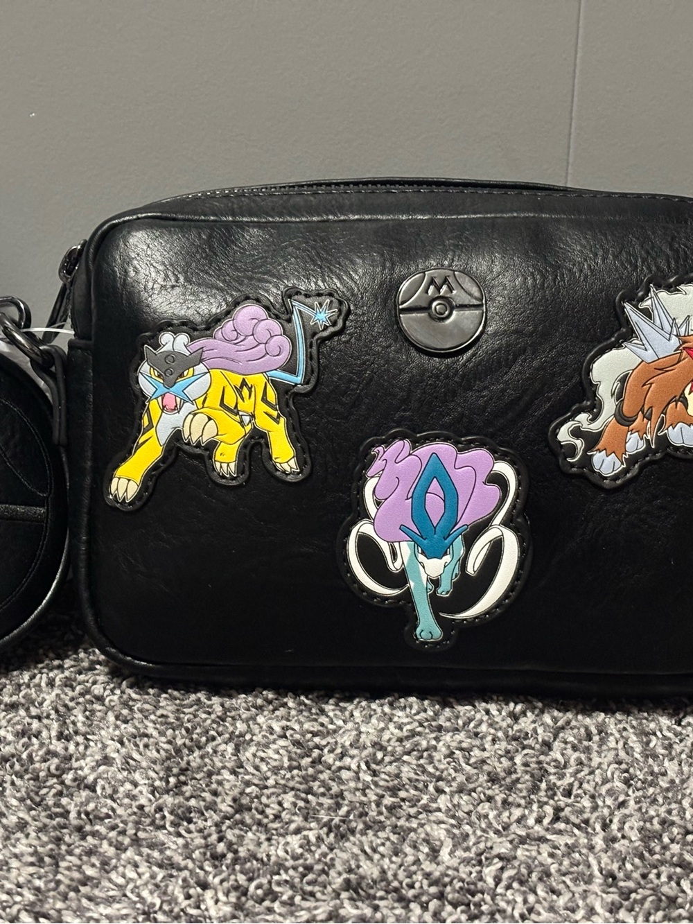 Loungefly Black Leather Crossbody Bag with Colorful Pokémon Patches